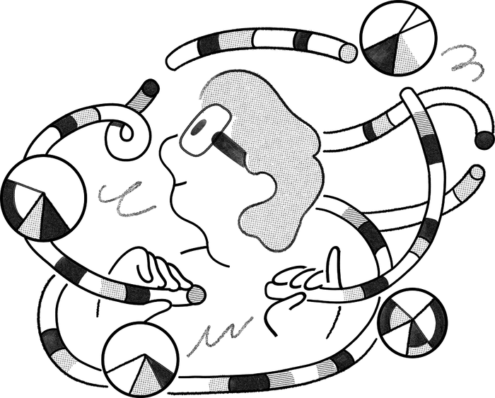 Illustration of a person weaving wires and charts with their hands, shaping their own path of growth.